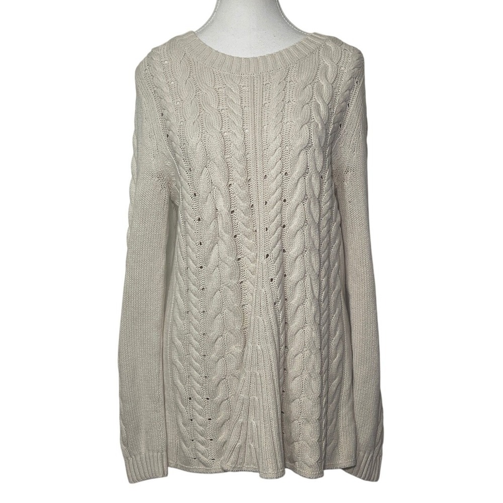 Cabi Cream Cable Knit Sweater Women's M Long Sleeve Split Back Layered Look